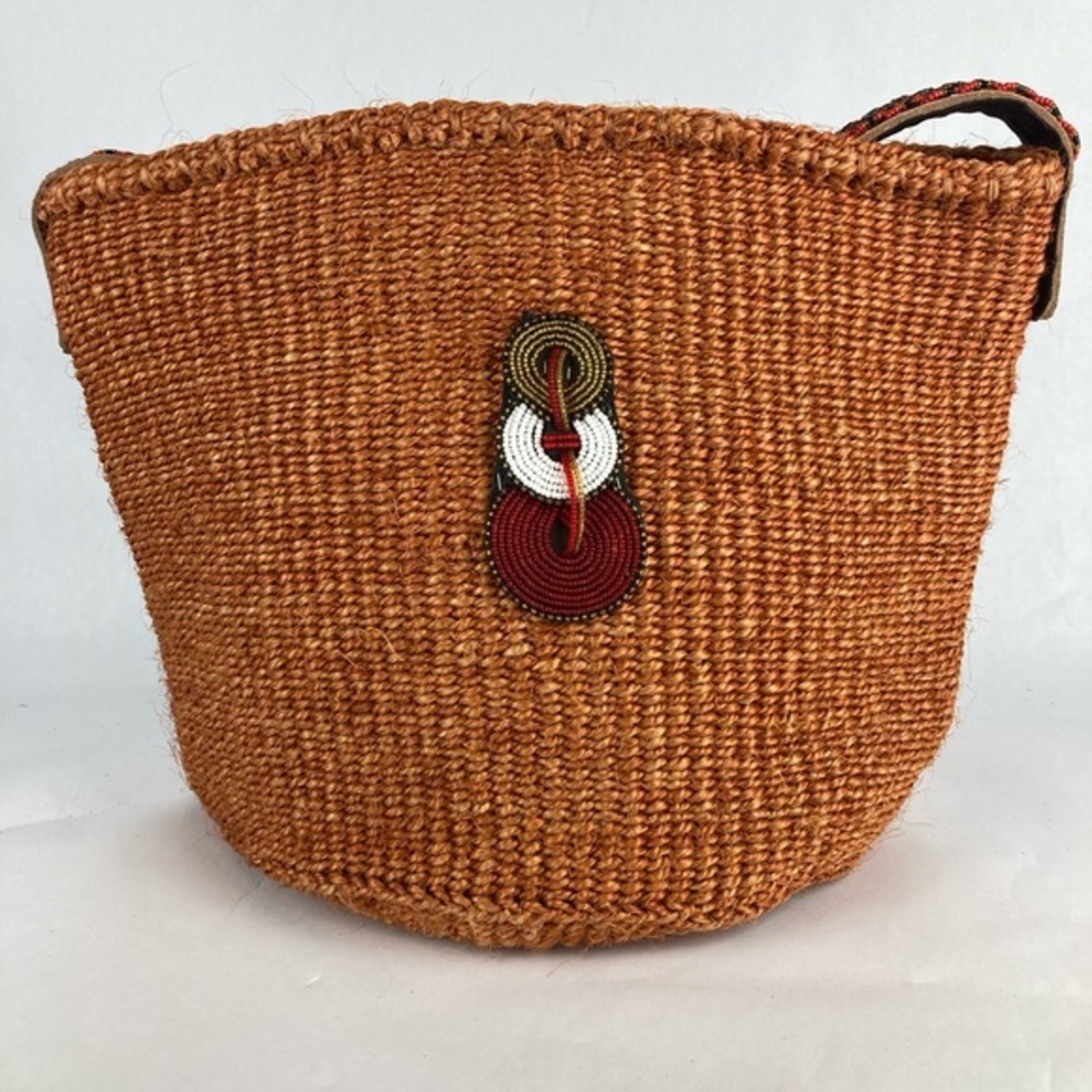 COMFORT HANDMADE SISAL TOTE w/ BEADED LEATHER AND SUEDE STRAP